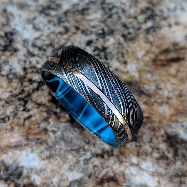 8mm Wide Damascus Steel Ring with Dual 14k Rose & Yellow Gold Off Center  Grooves and a 14k Solid Gold Sleeve