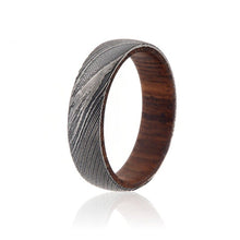 6mm Wide Damascus Steel Ring with Rosewood Sleeve