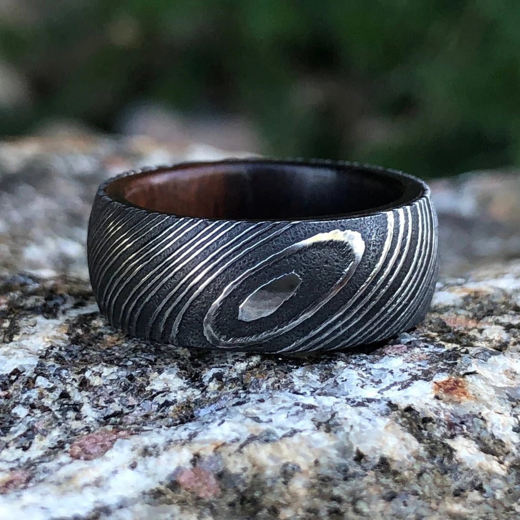 8mm Wide Damascus Steel Band with an Ironwood Sleeve