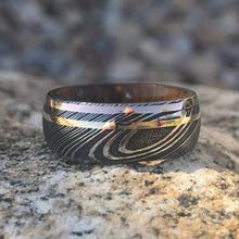 8mm Damascus Steel Ring with Dual 14k Yellow Gold & Rose Gold Off Center Grooves and a Arizona Ironwood Sleeve