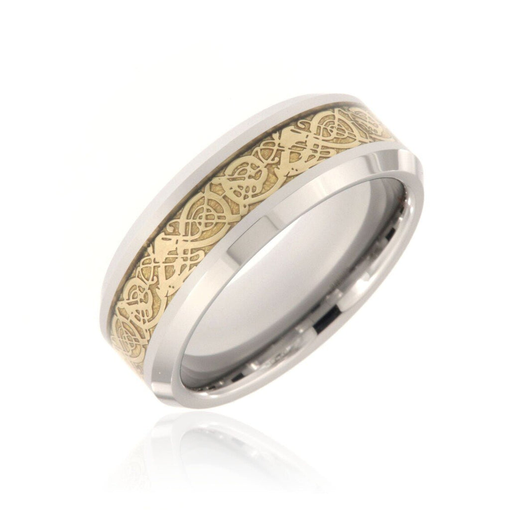 8mm Heavy Tungsten Carbide Ring With Polished Finish Celtic Center Inlay And Beveled Edges - FREE Personalization