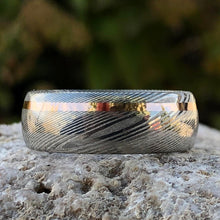 8mm Damascus Steel Ring with 14k Rose Gold Inlay - Men's Wedding Band