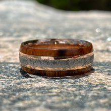 8mm Gold Mens Wedding Band with Meteorite Inlay and Arizona Ironwood - Custom Mens Wedding Rings- 14k Rose Gold Mens Rings