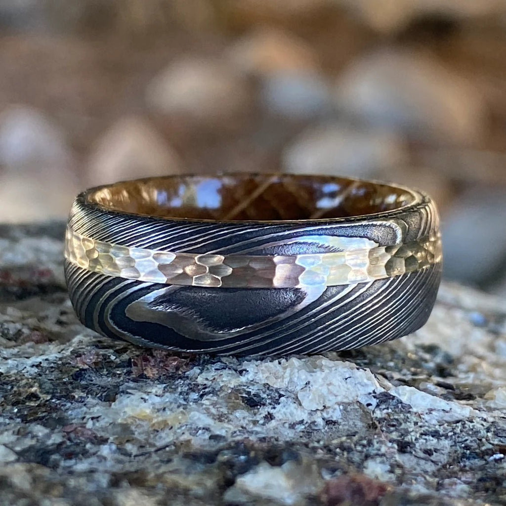 Damascus Steel Ring with 14K White Gold inlay and Whiskey Barrel Sleeve