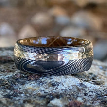 Damascus Steel Ring with 14K White Gold inlay and Whiskey Barrel Sleeve