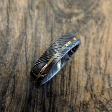 6mm Wide Damascus Steel Ring with 14k Yellow Gold Inlay