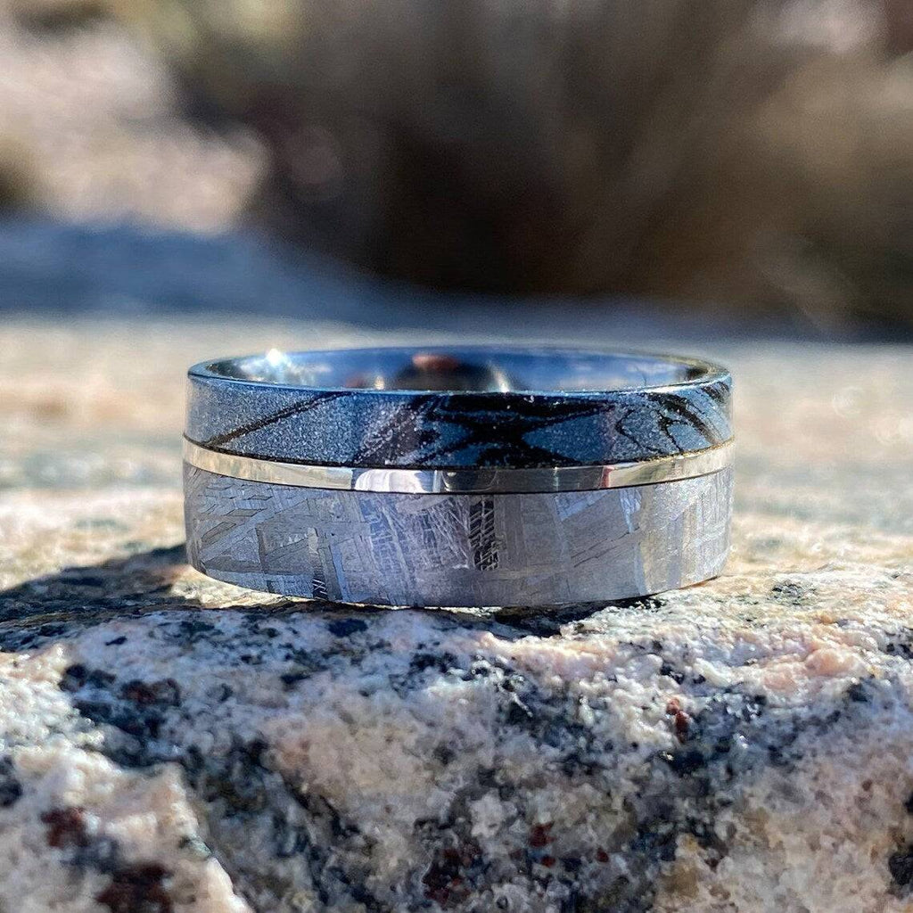 8mm Gibeon Meteorite Wedding Ring w/ Cobaltium Mokume and 14k White Gold - Authentic Genuine Meteorite Bands