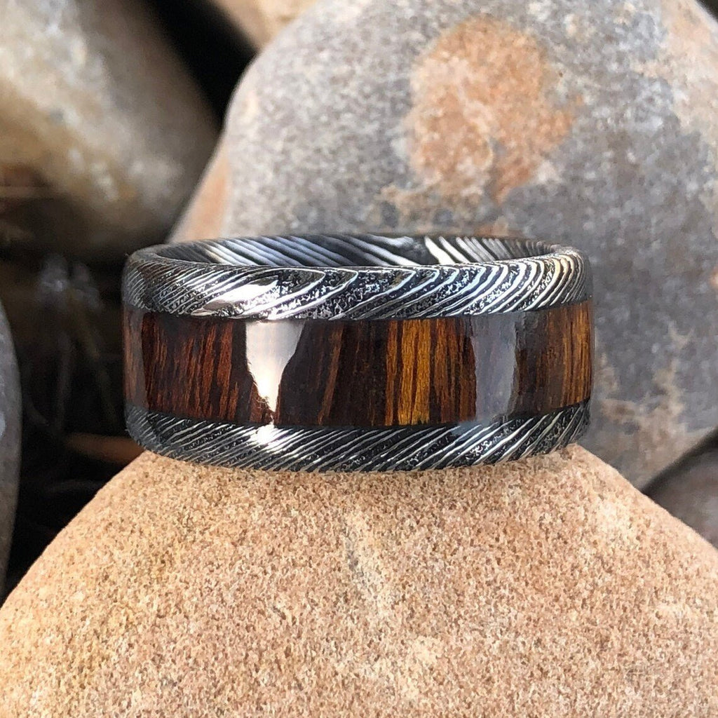 Wide 10mm Damascus Steel Wedding Band With Ironwood Sleeve Inlay