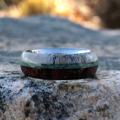 Antler Wedding Rings Turquoise Bands w/ Arizona Ironwood and Titanium Sleeve