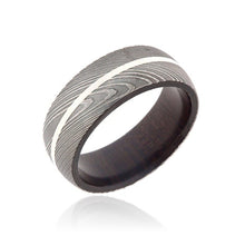 New 8mm Wide Damascus Steel Ring with a Sterling Silver Inlay and Ebony Wood Sleeve