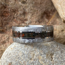 Meteorite Ring Wedding Band w/ Dinosaur Bone And Obsidian Center Inlay USA Made