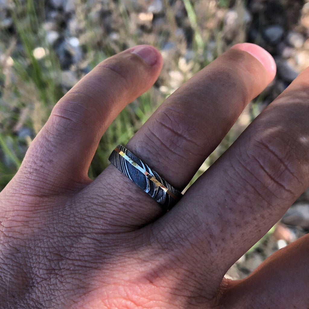 6mm Wide Damascus Steel Ring with 14k Yellow Gold Inlay