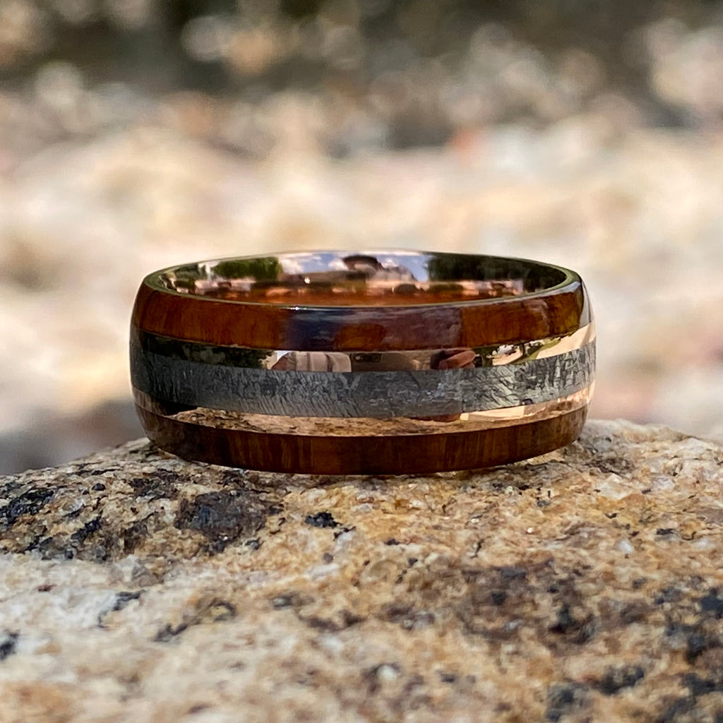 8mm Gold Mens Wedding Band with Meteorite Inlay and Arizona Ironwood - Custom Mens Wedding Rings- 14k Rose Gold Mens Rings