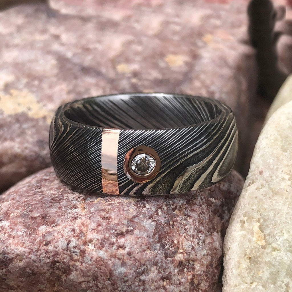 8mm Wide Damascus Steel Band with 14k Solid Rose Gold Inlay And Genuine Diamond