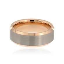 8mm Heavy Tungsten Carbide Men's Two Tone Ring, Grey Brush Band With Rose Gold Beveled Edge - FREE Personalization