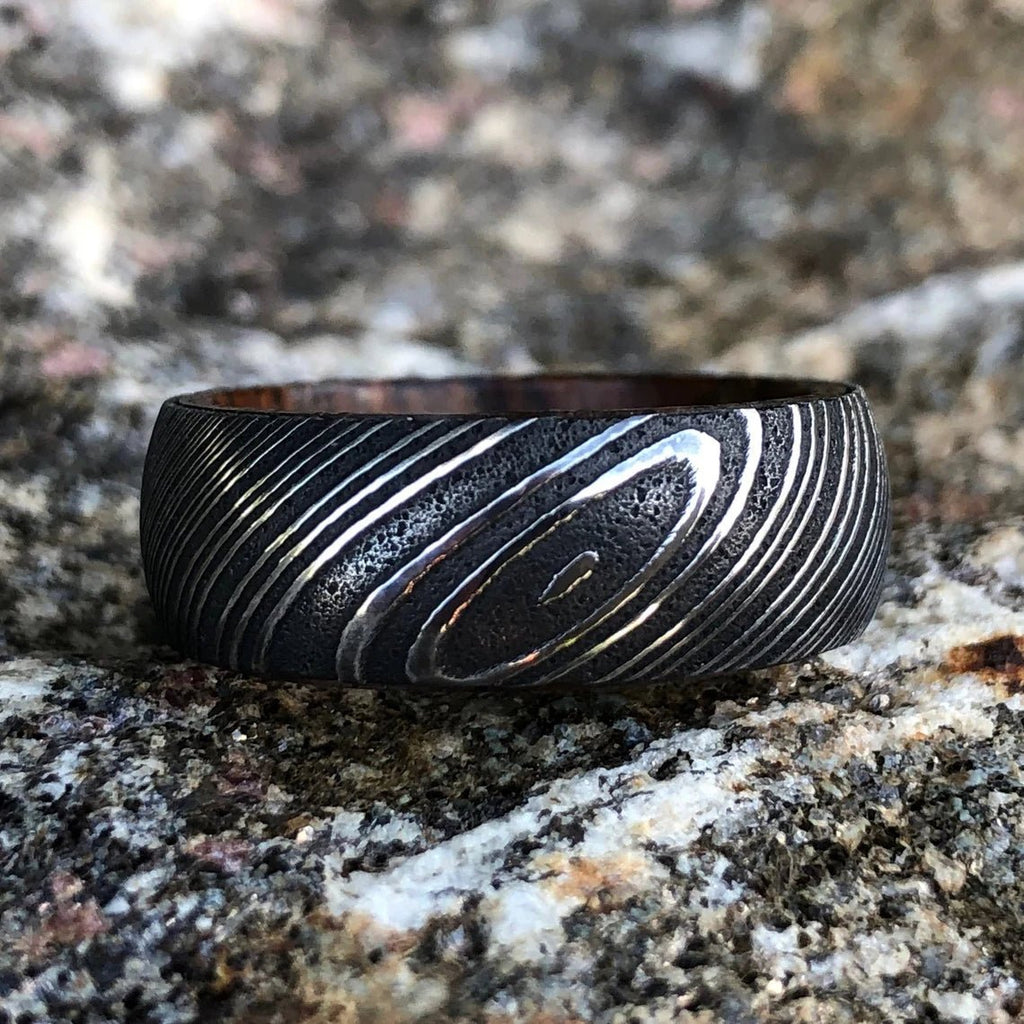 Damascus Steel Wedding Band with Bocote Sleeve