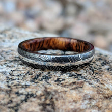 4mm 14k White Gold Damascus Steel Ring with Arizona Ironwood Sleeve