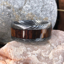 Wide 10mm Damascus Steel Wedding Band With Ironwood Sleeve Inlay