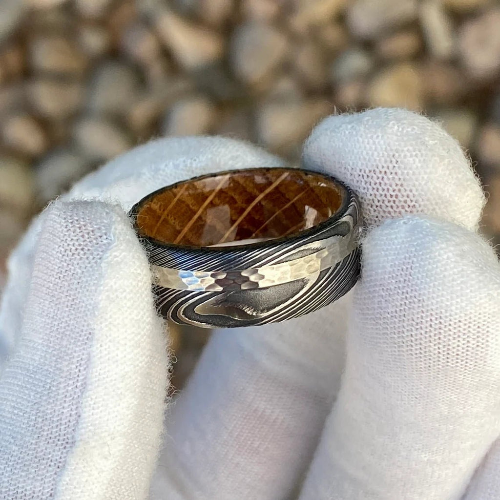 Damascus Steel Ring with 14K White Gold inlay and Whiskey Barrel Sleeve