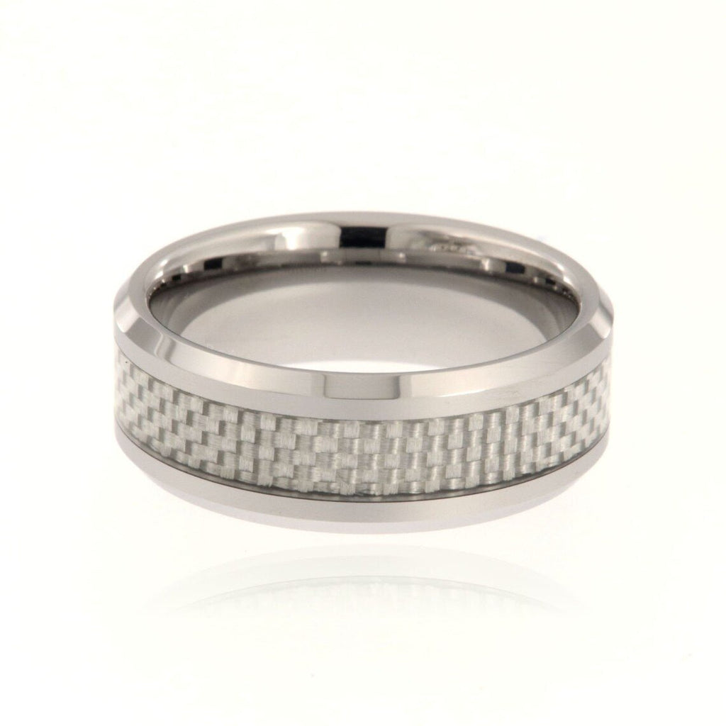 8mm Tungsten Carbide Men's Ring With Carbon Fiber Inlay, Polished Finish and Beveled Edge - FREE Personalization