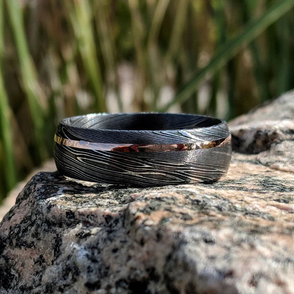 Damascus Steel Wedding Band with 14k Rose Gold Inlay