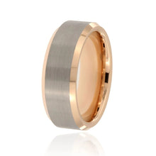 8mm Heavy Tungsten Carbide Men's Two Tone Ring, Grey Brush Band With Rose Gold Beveled Edge - FREE Personalization