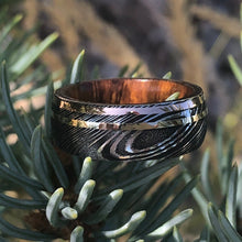 8mm Damascus Steel Ring with Dual 14k Yellow Gold & Rose Gold Off Center Grooves and a Arizona Ironwood Sleeve