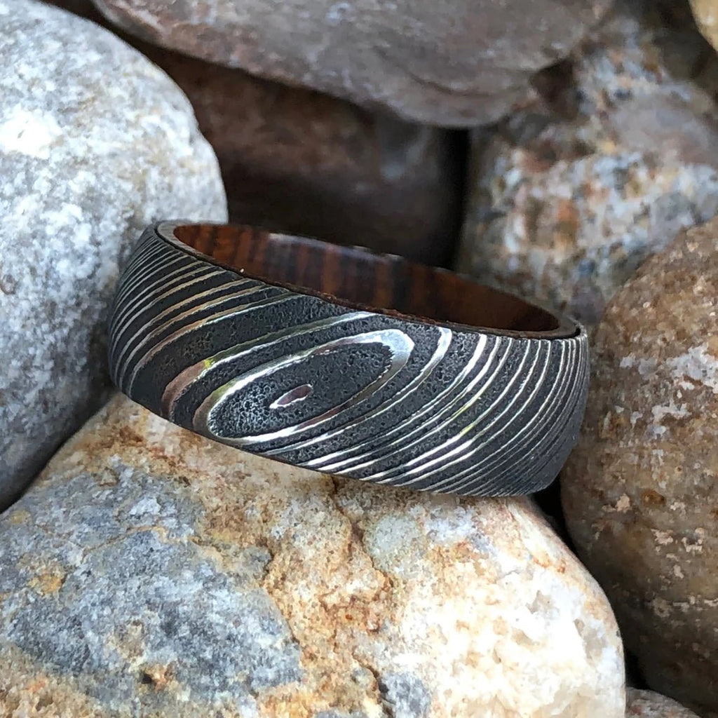 Damascus Steel Wedding Band with Bocote Sleeve