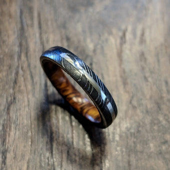 4mm 14k White Gold Damascus Steel Ring with Arizona Ironwood Sleeve