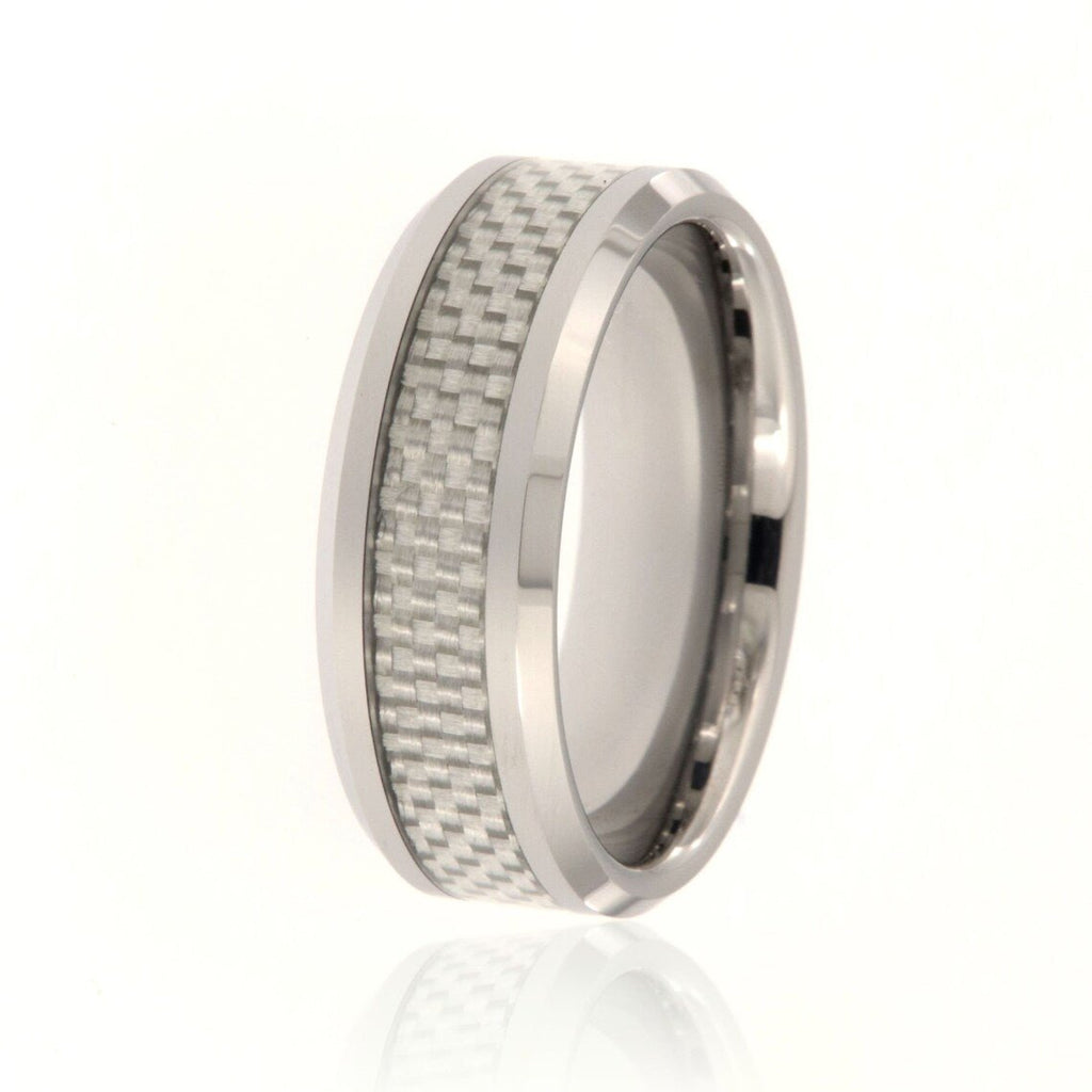 8mm Tungsten Carbide Men's Ring With Carbon Fiber Inlay, Polished Finish and Beveled Edge - FREE Personalization