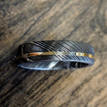 6mm Wide Damascus Steel Ring with 14k Yellow Gold Inlay