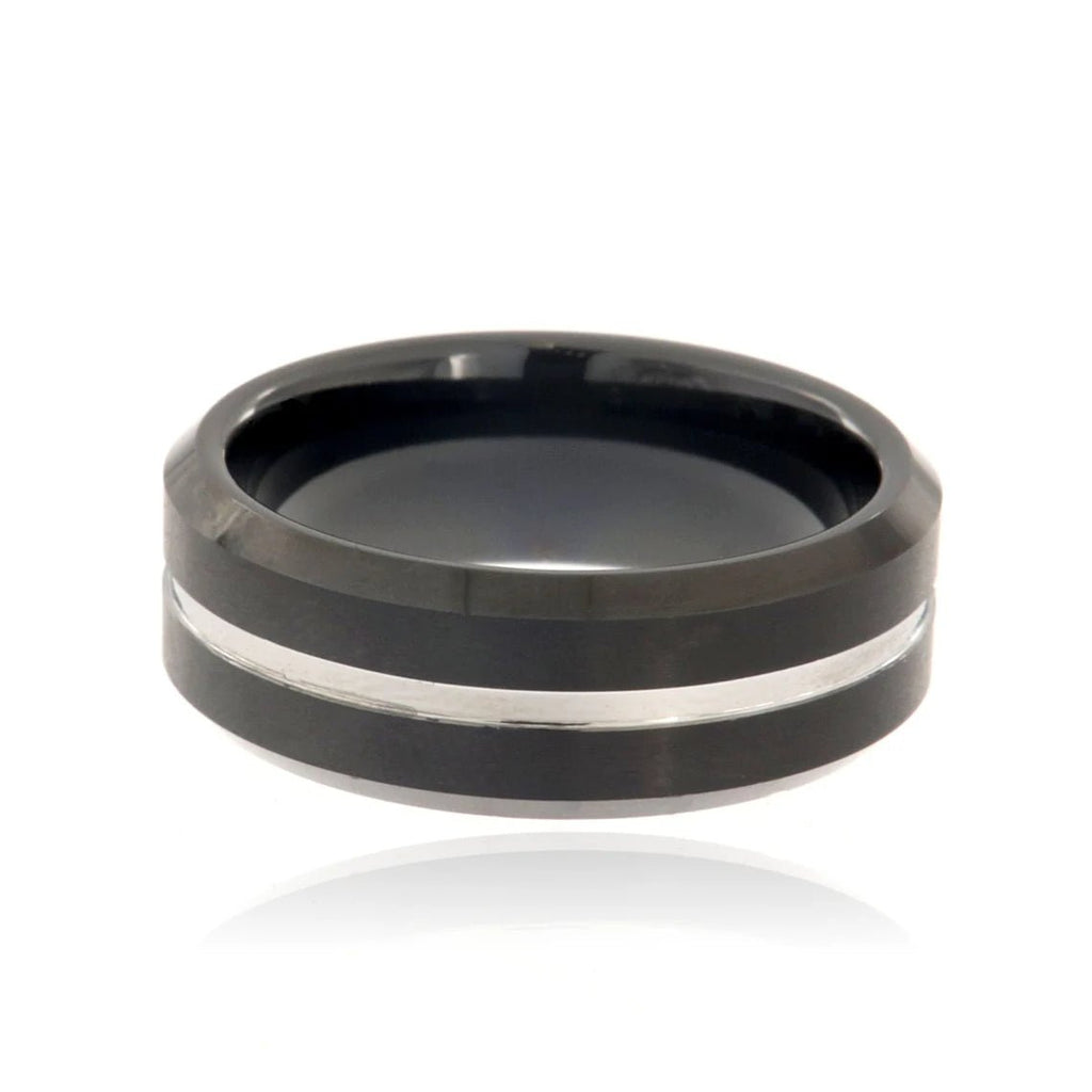 8mm Beveled Heavy Tungsten Carbide Ring With Black Finish & Free Personalization