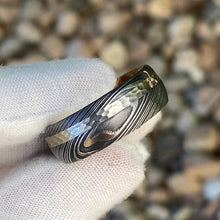 Damascus Steel Ring with 14K White Gold inlay and Whiskey Barrel Sleeve