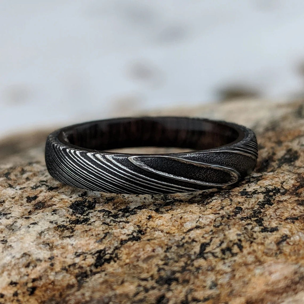 New 4mm Wide Damascus Steel Ring with Arizona Ironwood Sleeve,  Damascus Steel Band