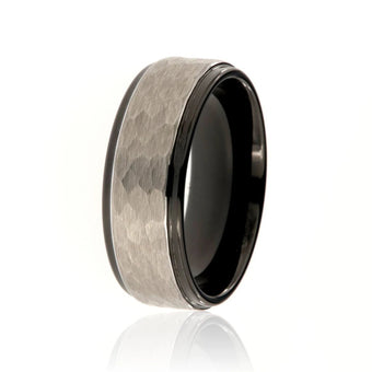 8mm Heavy Tungsten Carbide, Two Tone Men's Ring With Hammered Finish - FREE Personalization