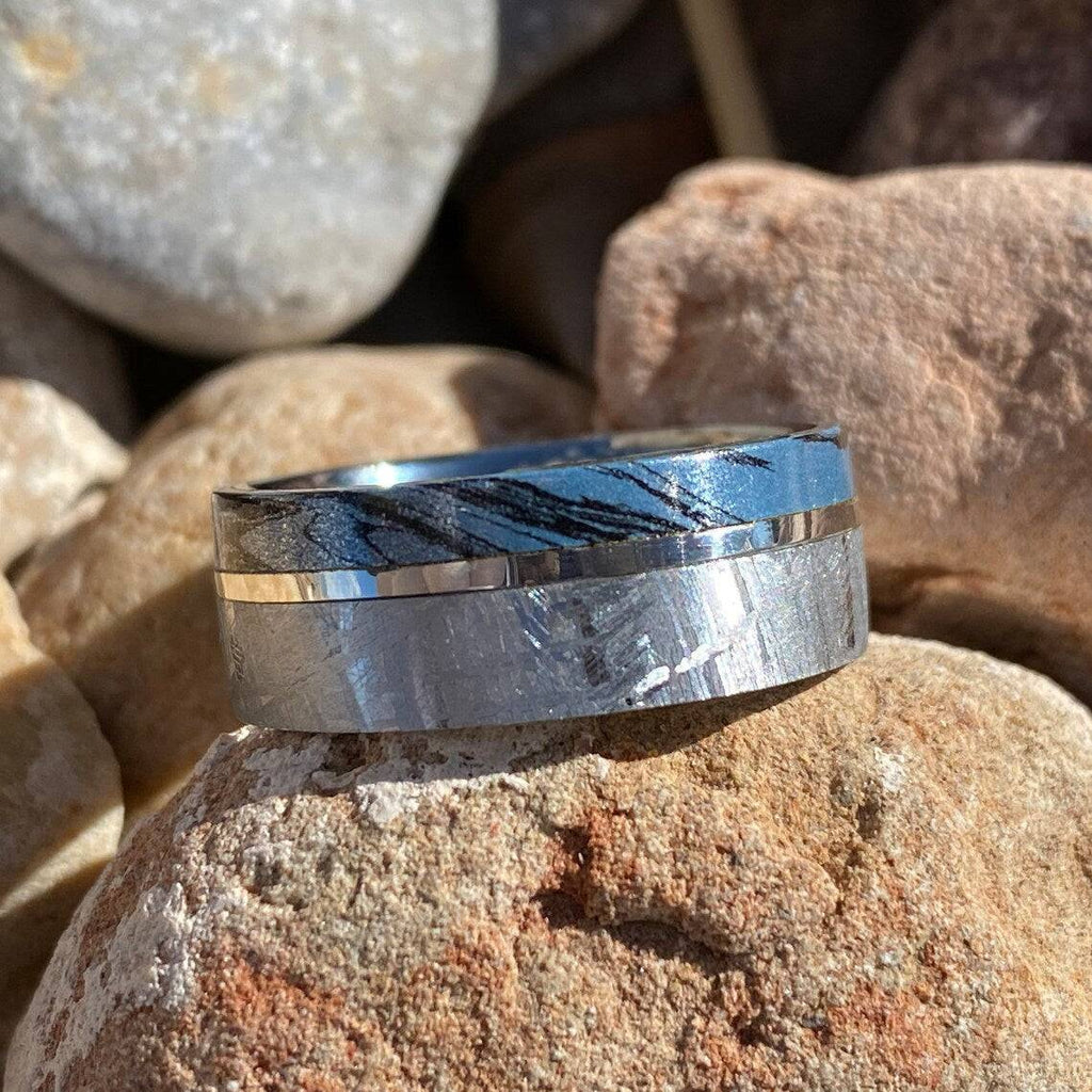 8mm Gibeon Meteorite Wedding Ring w/ Cobaltium Mokume and 14k White Gold - Authentic Genuine Meteorite Bands