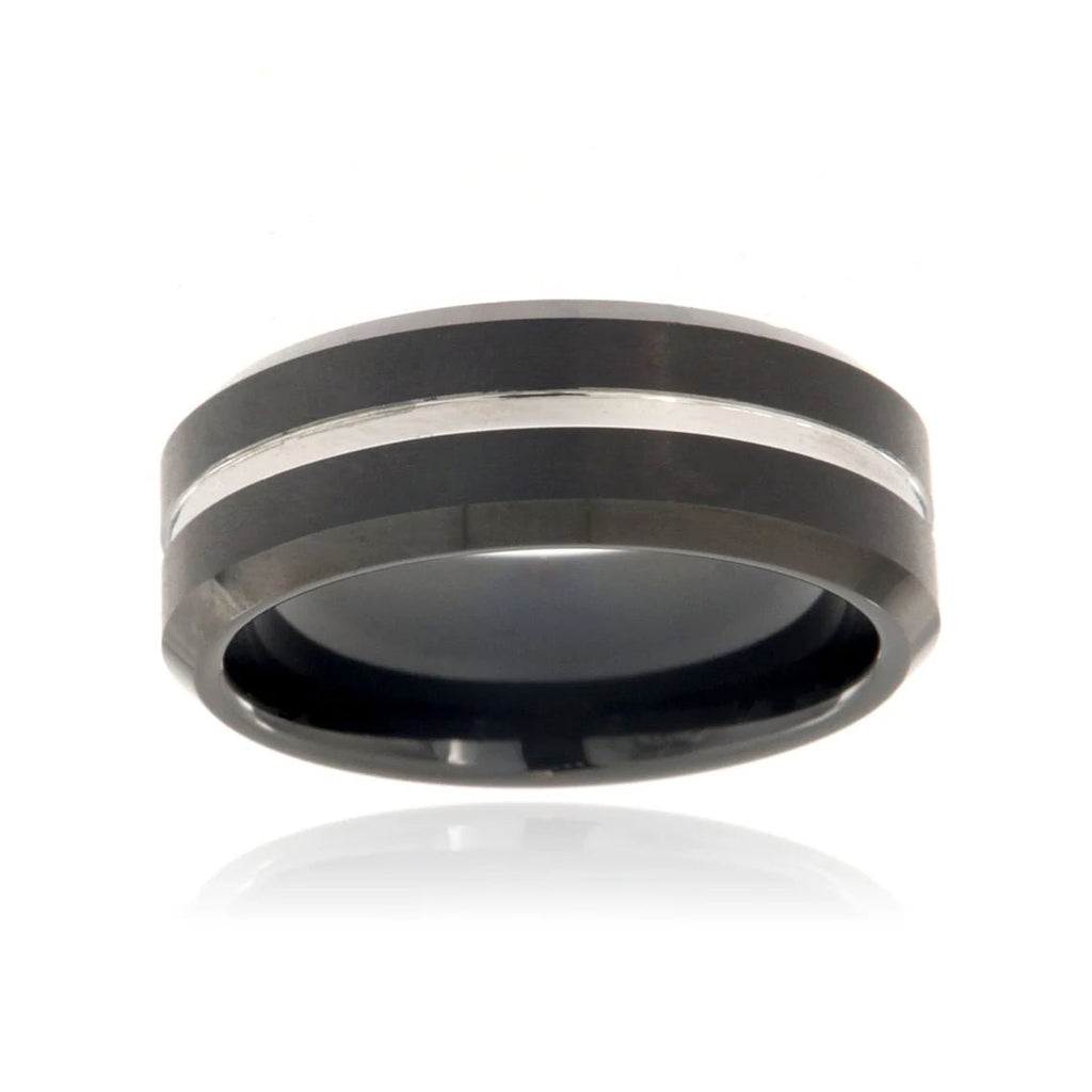 8mm Beveled Heavy Tungsten Carbide Ring With Black Finish & Free Personalization