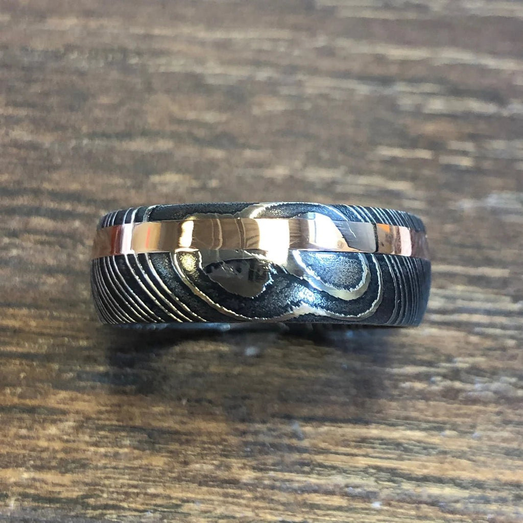 New 8mm Wide Damascus Steel Ring with 14k Solid Rose Gold Inlay