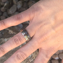 8mm Damascus Steel Ring with Dual 14k Yellow Gold & Rose Gold Off Center Grooves and a Arizona Ironwood Sleeve