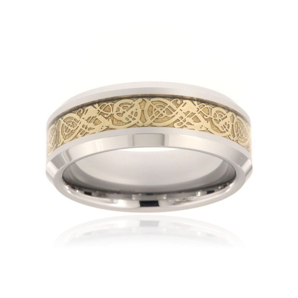 8mm Heavy Tungsten Carbide Ring With Polished Finish Celtic Center Inlay And Beveled Edges - FREE Personalization