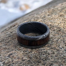 Wide 10mm Damascus Steel Wedding Band With Ironwood Sleeve Inlay