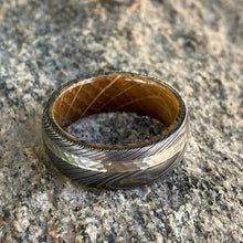 Damascus Steel Ring with 14K White Gold inlay and Whiskey Barrel Sleeve