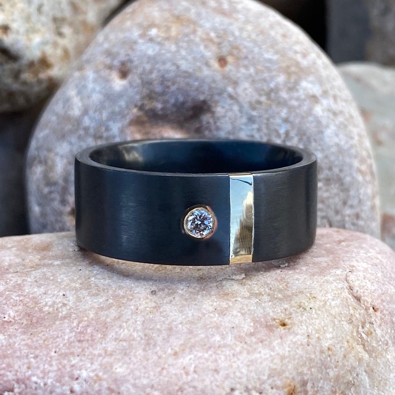 8mm Wide Black Zirconium Ring With 14k Yellow Gold Inlay Center Diamond With Premium Satin Finish  Rings