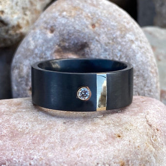 8mm Wide Black Zirconium Ring With 14k Yellow Gold Inlay Center Diamond With Premium Satin Finish  Rings