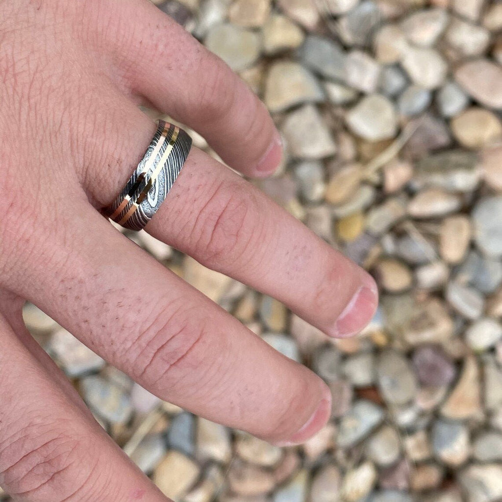 8mm Wide Damascus Steel Ring with Dual 14k Rose & Yellow Gold Off Center Grooves and a 14k Solid Gold Sleeve