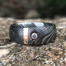 8mm Wide Damascus Steel Band with 14k Solid Rose Gold Inlay And Genuine Diamond