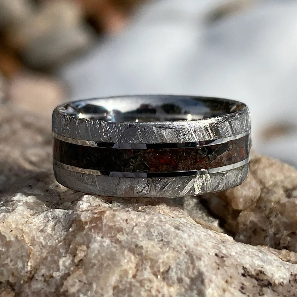 Meteorite Ring Wedding Band w/ Dinosaur Bone And Obsidian Center Inlay USA Made