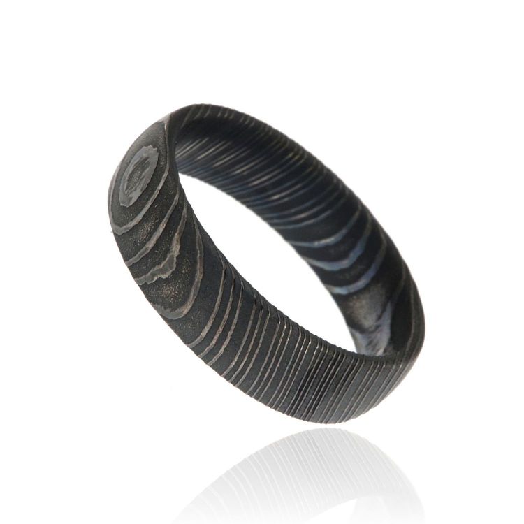 6mm Wide Black Acid Etched Damascus Steel Ring, USA Made Wedding Bands For Men