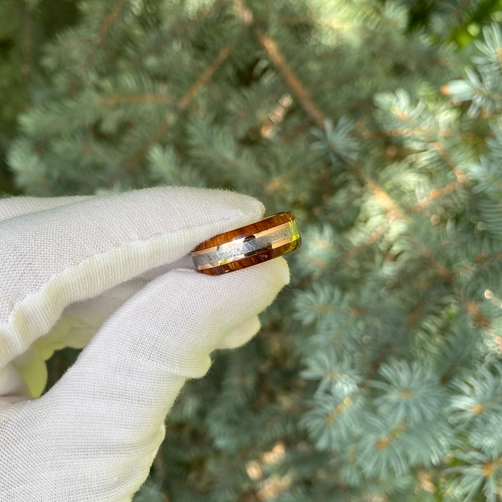 8mm Gold Mens Wedding Band with Meteorite Inlay and Arizona Ironwood - Custom Mens Wedding Rings- 14k Rose Gold Mens Rings