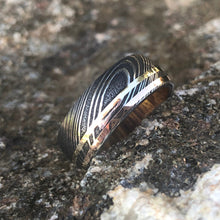 8mm Damascus Steel Ring with Dual 14k Yellow Gold & Rose Gold Off Center Grooves and a Arizona Ironwood Sleeve